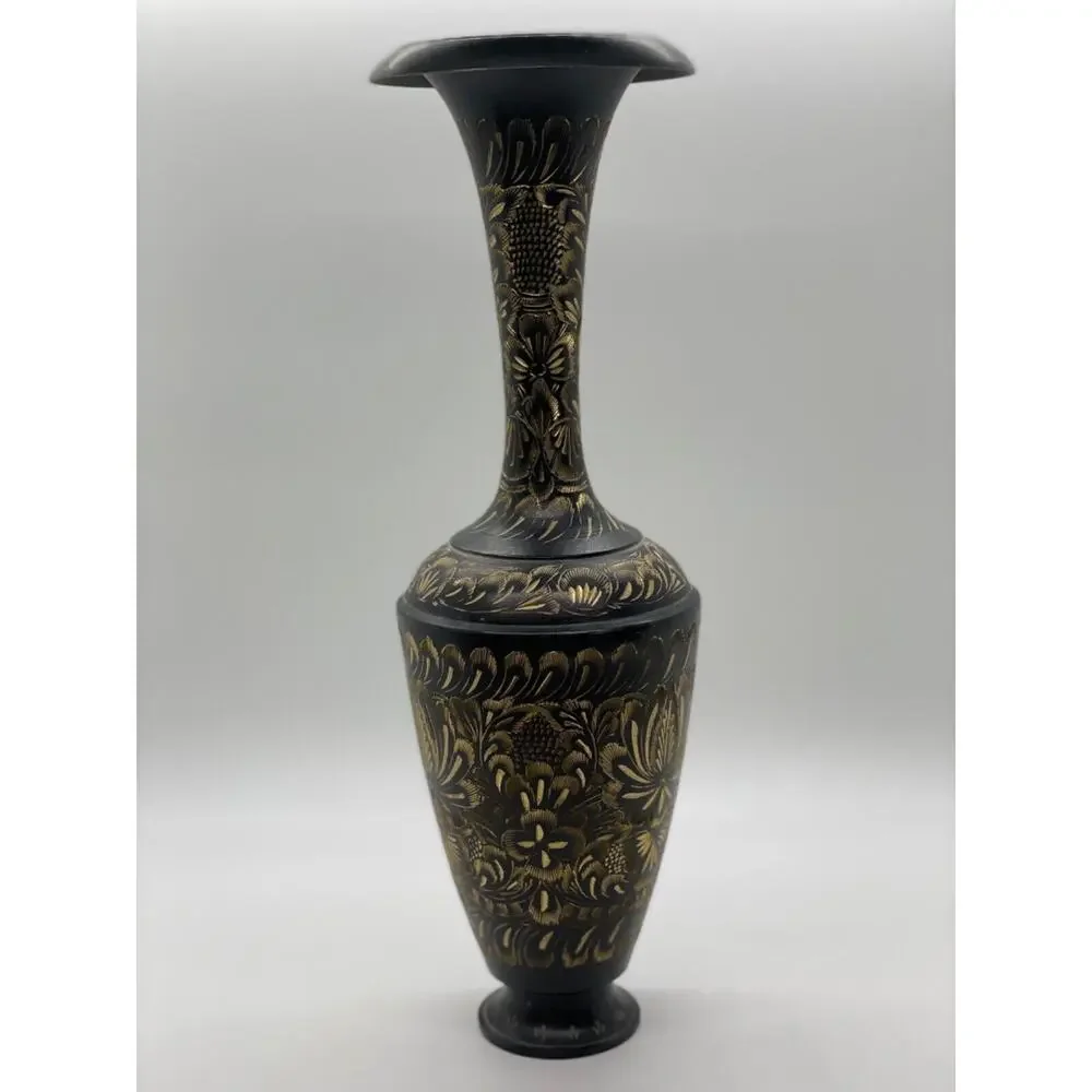 Vintage Collectible Black Gold Brass Hand Etched Indian Vase
